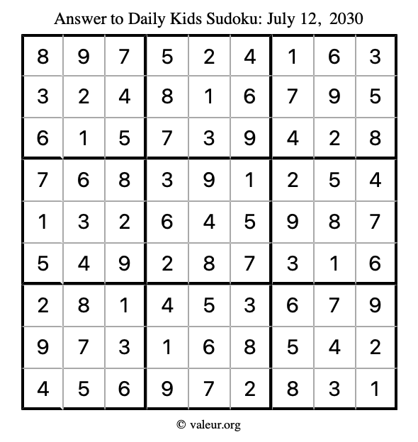 Answer to kids sudoku July 12, 2030