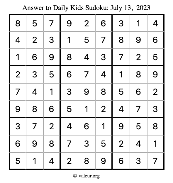 Answer to kids sudoku July 13, 2023