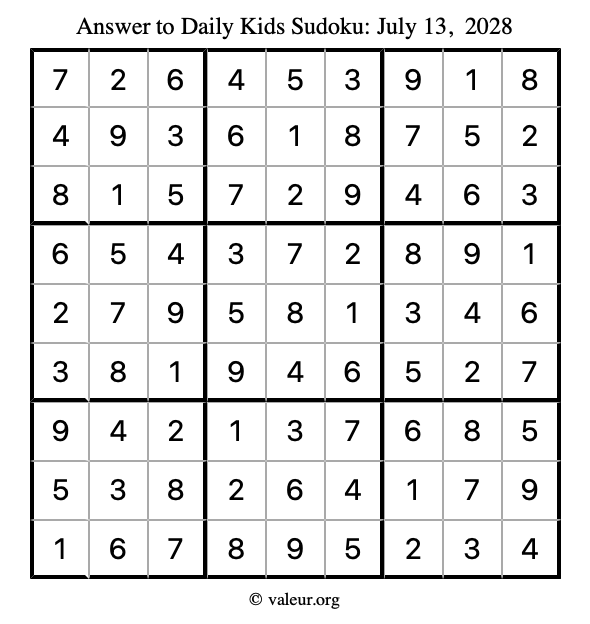 Answer to kids sudoku July 13, 2028