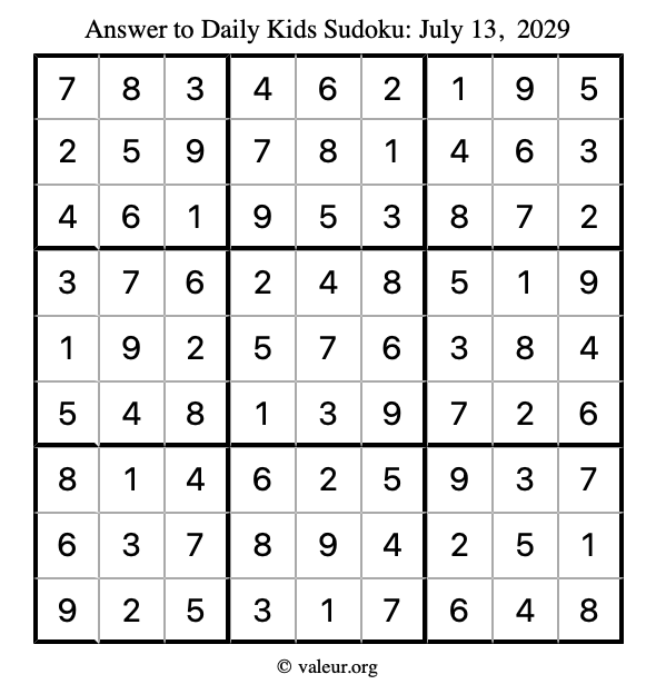 Answer to kids sudoku July 13, 2029