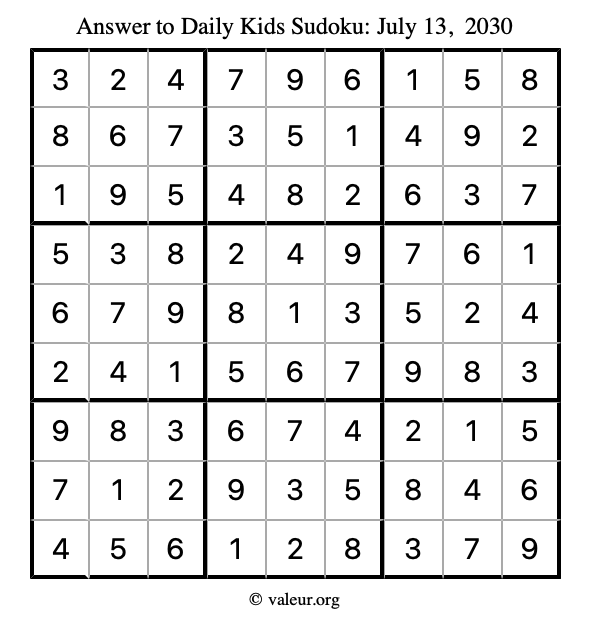 Answer to kids sudoku July 13, 2030