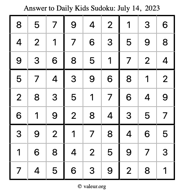 Answer to kids sudoku July 14, 2023