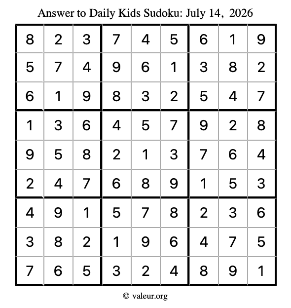 Answer to kids sudoku July 14, 2026