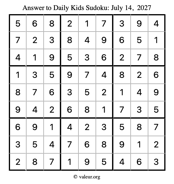 Answer to kids sudoku July 14, 2027