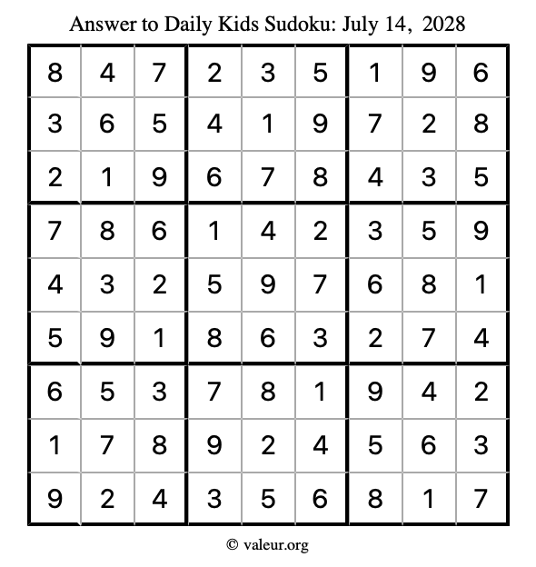 Answer to kids sudoku July 14, 2028