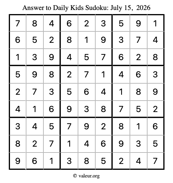 Answer to kids sudoku July 15, 2026