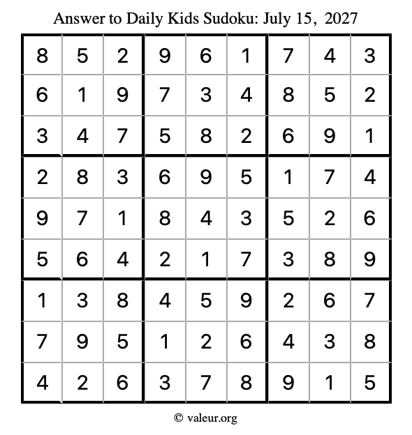 Answer to kids sudoku July 15, 2027