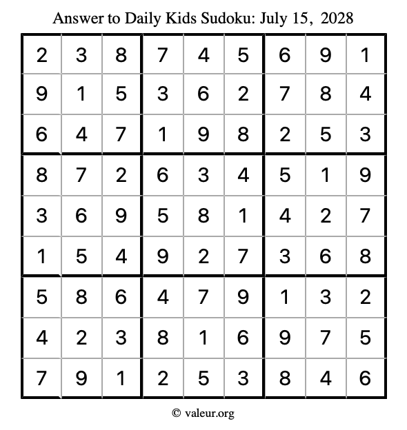 Answer to kids sudoku July 15, 2028