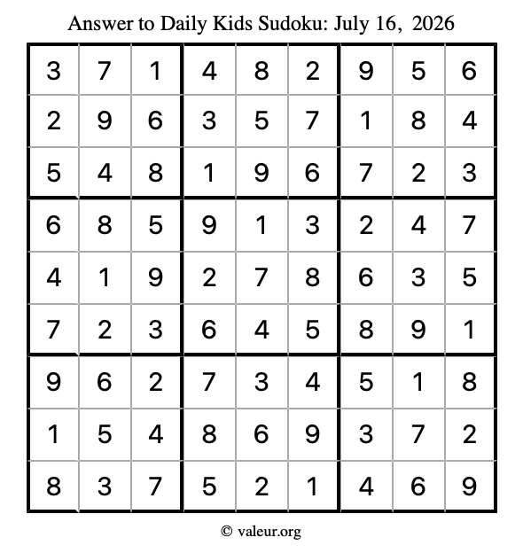 Answer to kids sudoku July 16, 2026