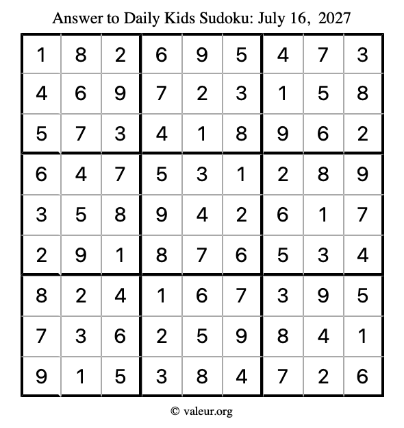 Answer to kids sudoku July 16, 2027