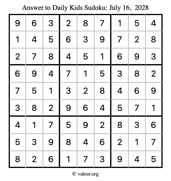 Answer to kids sudoku July 16, 2028