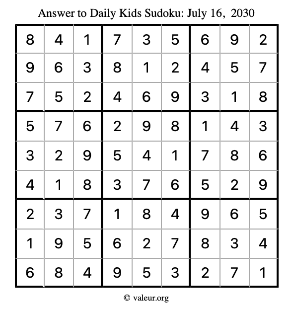 Answer to kids sudoku July 16, 2030