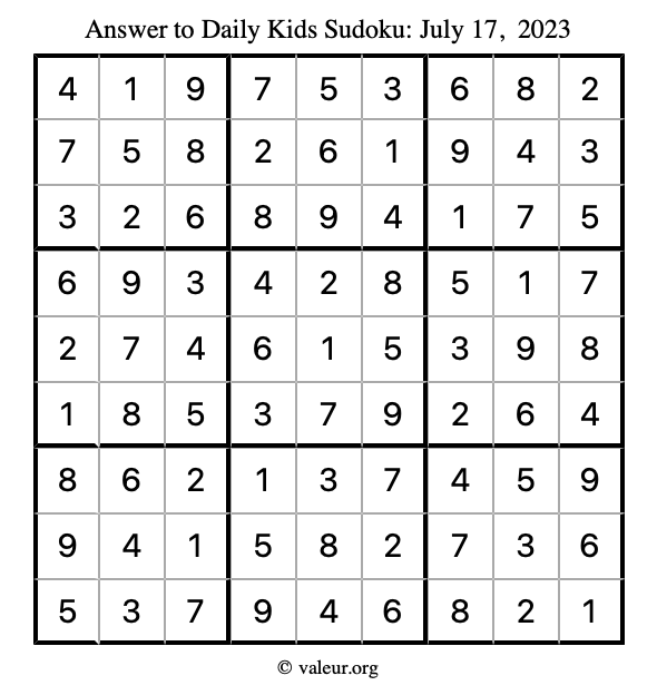 Answer to kids sudoku July 17, 2023