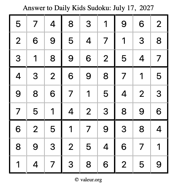 Answer to kids sudoku July 17, 2027
