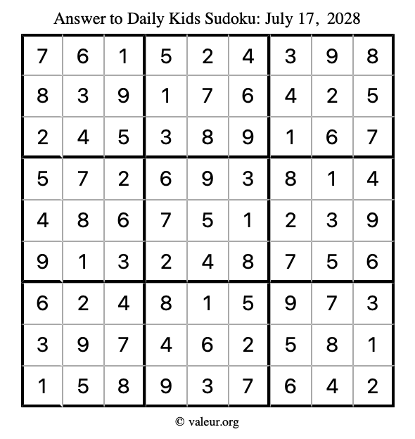 Answer to kids sudoku July 17, 2028