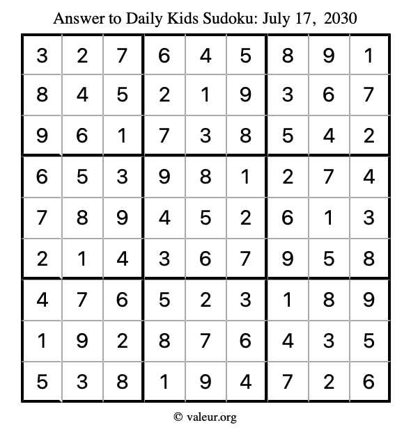 Answer to kids sudoku July 17, 2030