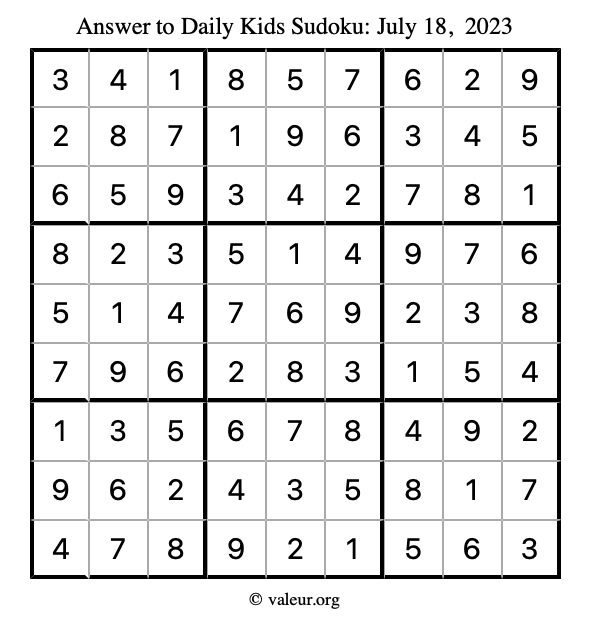 Answer to kids sudoku July 18, 2023