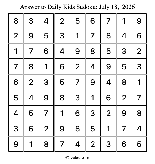 Answer to kids sudoku July 18, 2026