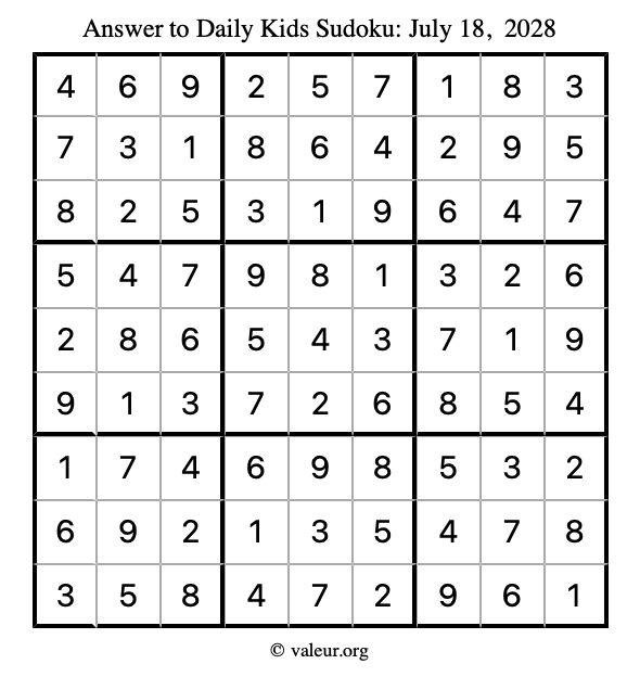 Answer to kids sudoku July 18, 2028