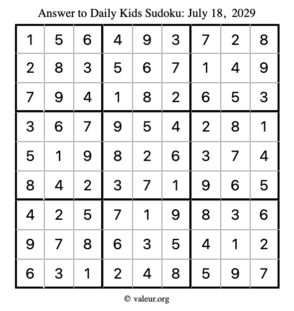 Answer to kids sudoku July 18, 2029