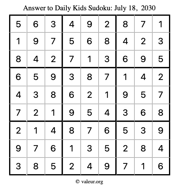 Answer to kids sudoku July 18, 2030