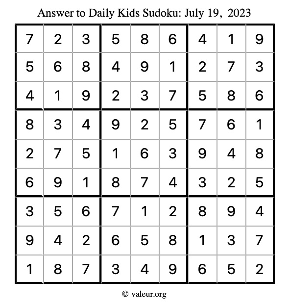 Answer to kids sudoku July 19, 2023