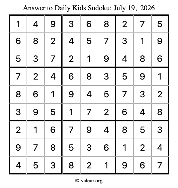Answer to kids sudoku July 19, 2026