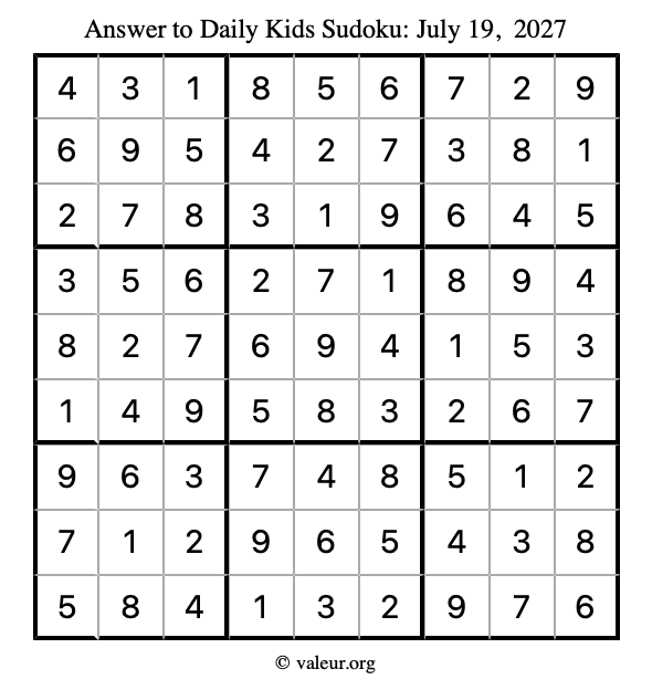 Answer to kids sudoku July 19, 2027