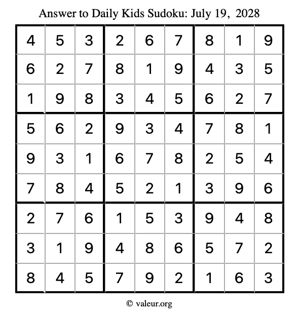 Answer to kids sudoku July 19, 2028
