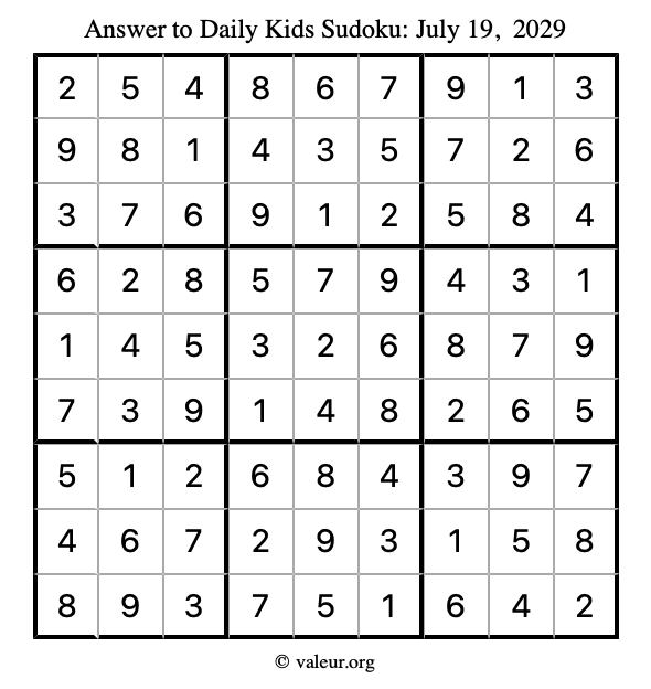 Answer to kids sudoku July 19, 2029
