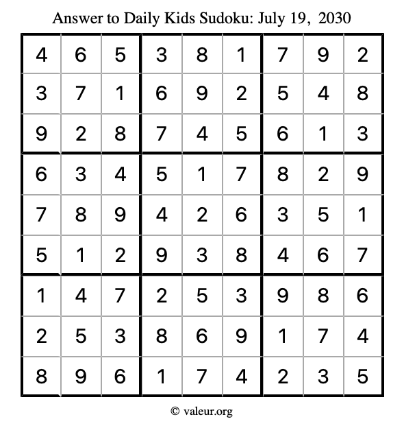 Answer to kids sudoku July 19, 2030