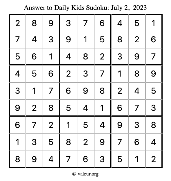 Answer to kids sudoku July 2, 2023