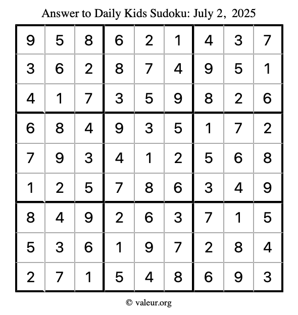 Answer to kids sudoku July 2, 2025