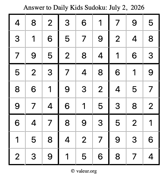 Answer to kids sudoku July 2, 2026