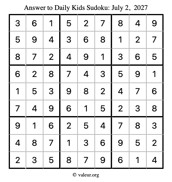 Answer to kids sudoku July 2, 2027