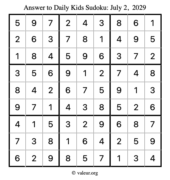 Answer to kids sudoku July 2, 2029