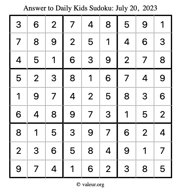 Answer to kids sudoku July 20, 2023