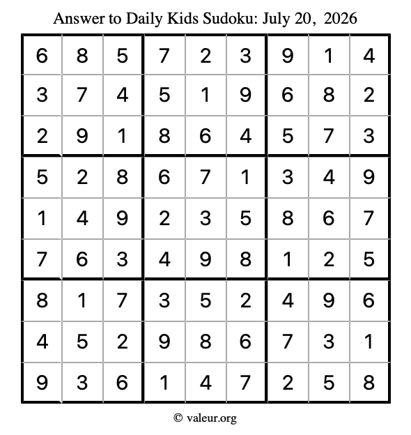 Answer to kids sudoku July 20, 2026