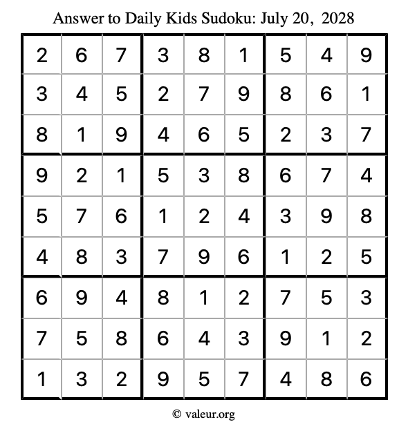 Answer to kids sudoku July 20, 2028