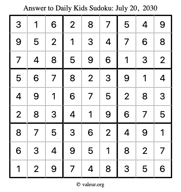 Answer to kids sudoku July 20, 2030