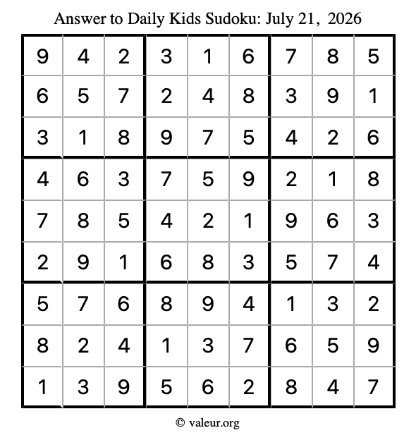 Answer to kids sudoku July 21, 2026