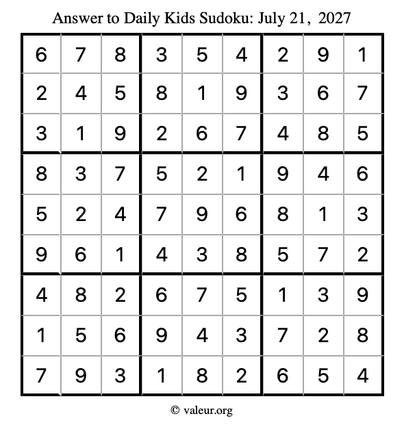 Answer to kids sudoku July 21, 2027