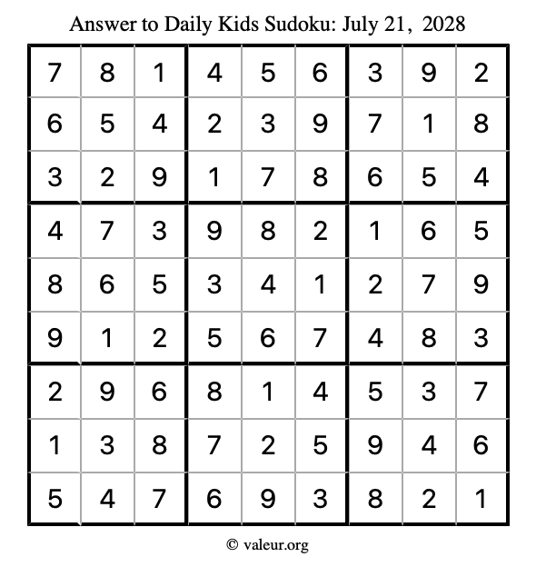 Answer to kids sudoku July 21, 2028