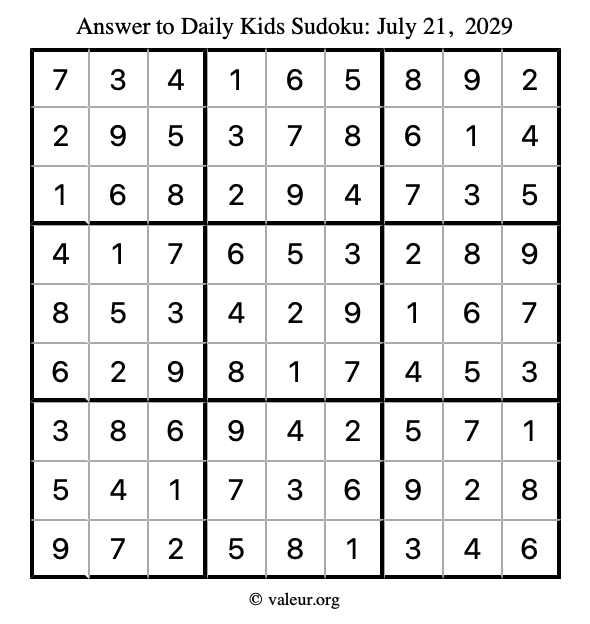 Answer to kids sudoku July 21, 2029