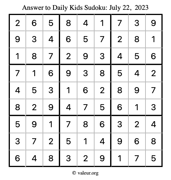 Answer to kids sudoku July 22, 2023