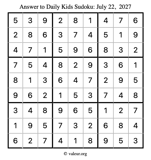 Answer to kids sudoku July 22, 2027