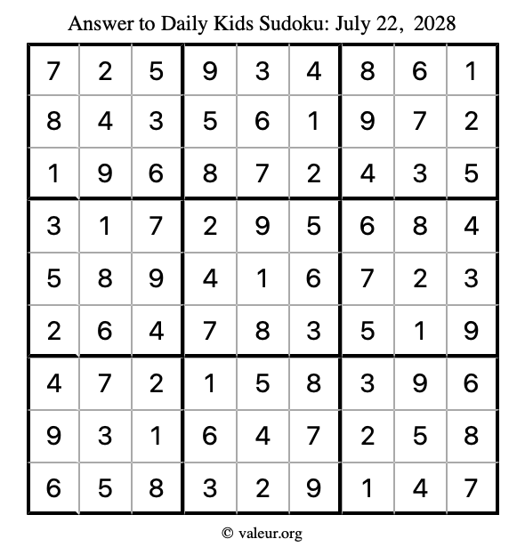 Answer to kids sudoku July 22, 2028