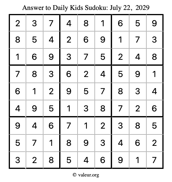 Answer to kids sudoku July 22, 2029