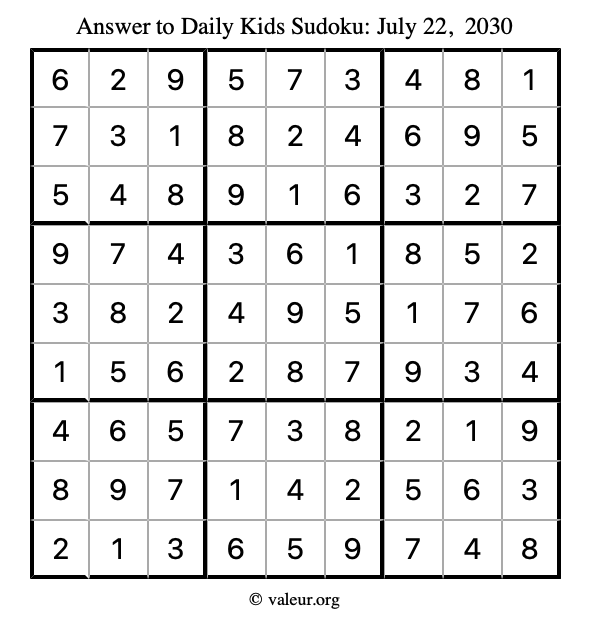 Answer to kids sudoku July 22, 2030