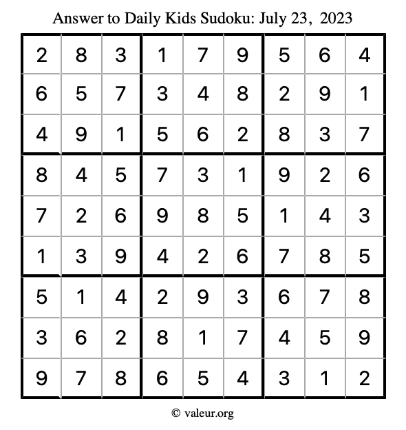 Answer to kids sudoku July 23, 2023